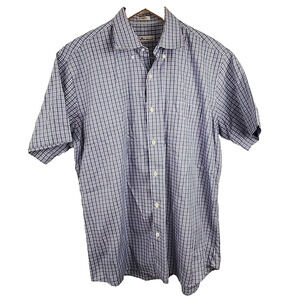 Peter Millar Short Sleeve Button Down Shirt Sz L Cotton Blue White Red Plaid